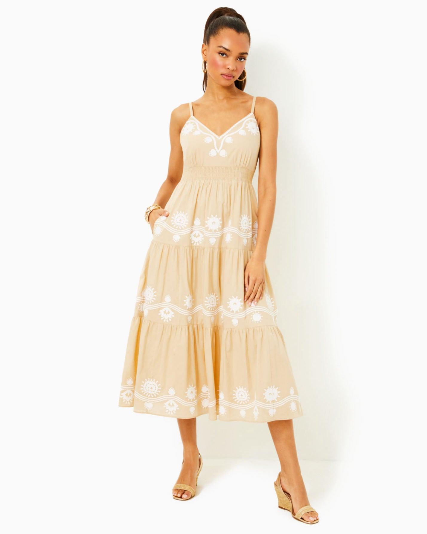 Womens Dresses Lilly Pulitzer Aviry Embroidered Cotton Midi Dress in Sand Bar, Size 10 Womens Dresses Lilly Pulitzer Aviry Embroidered Cotton Midi Dress in Sand Bar, Size 10