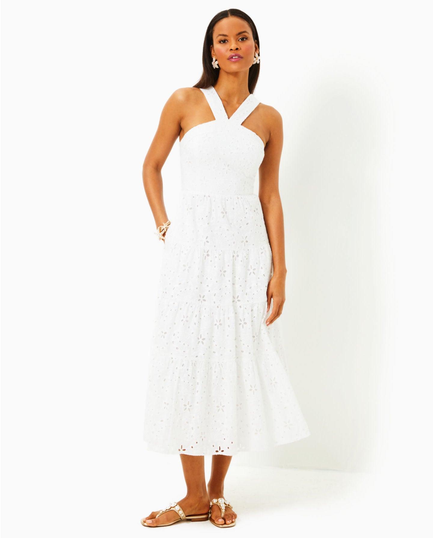 Lilly Pulitzer Jenette Eyelet Halter Mid Women's Dress Resort White : 4 Lilly Pulitzer Jenette Eyelet Halter Mid Women's Dress Resort White : 4