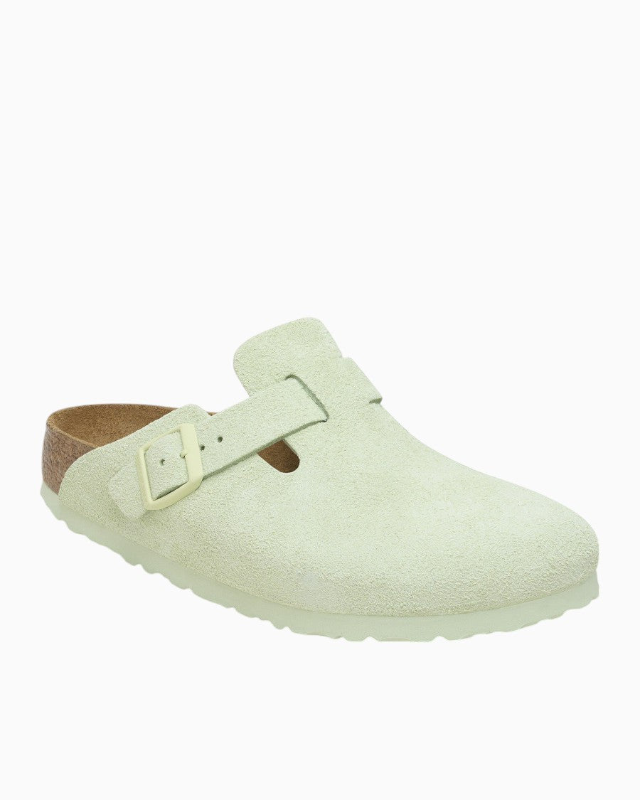 Birkenstock Boston Soft Footbed Suede Leather in Faded Lime