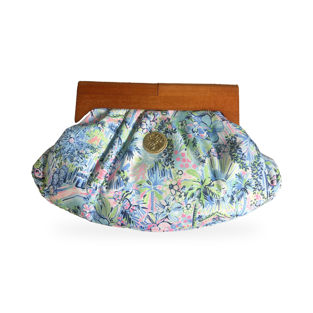 Lilly Pulitzer Bermuda Clutch Bag in Lily's House Anniversary print with wood frame handle