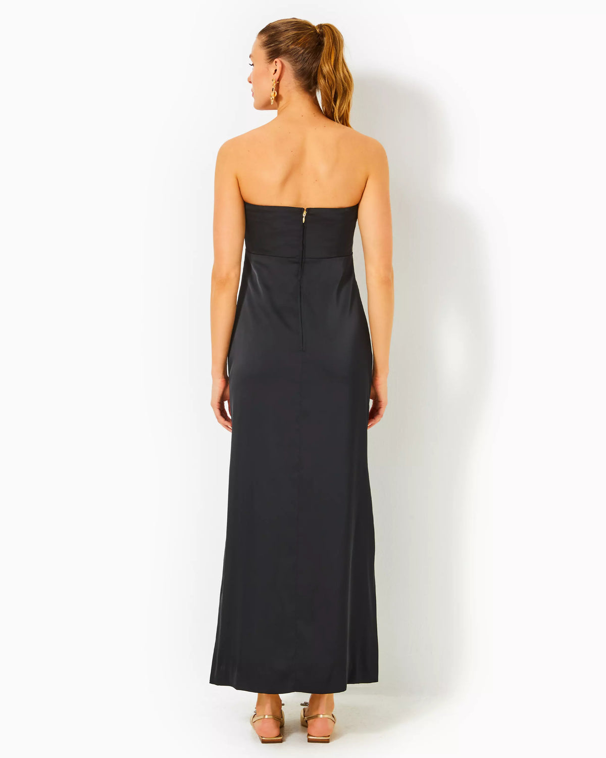 carlynn strapless satin bow dress Lilly Pulitzer Carlynn Satin Bow Strapless Side Slit Maxi Dress, Womens, 10, Capri Blue