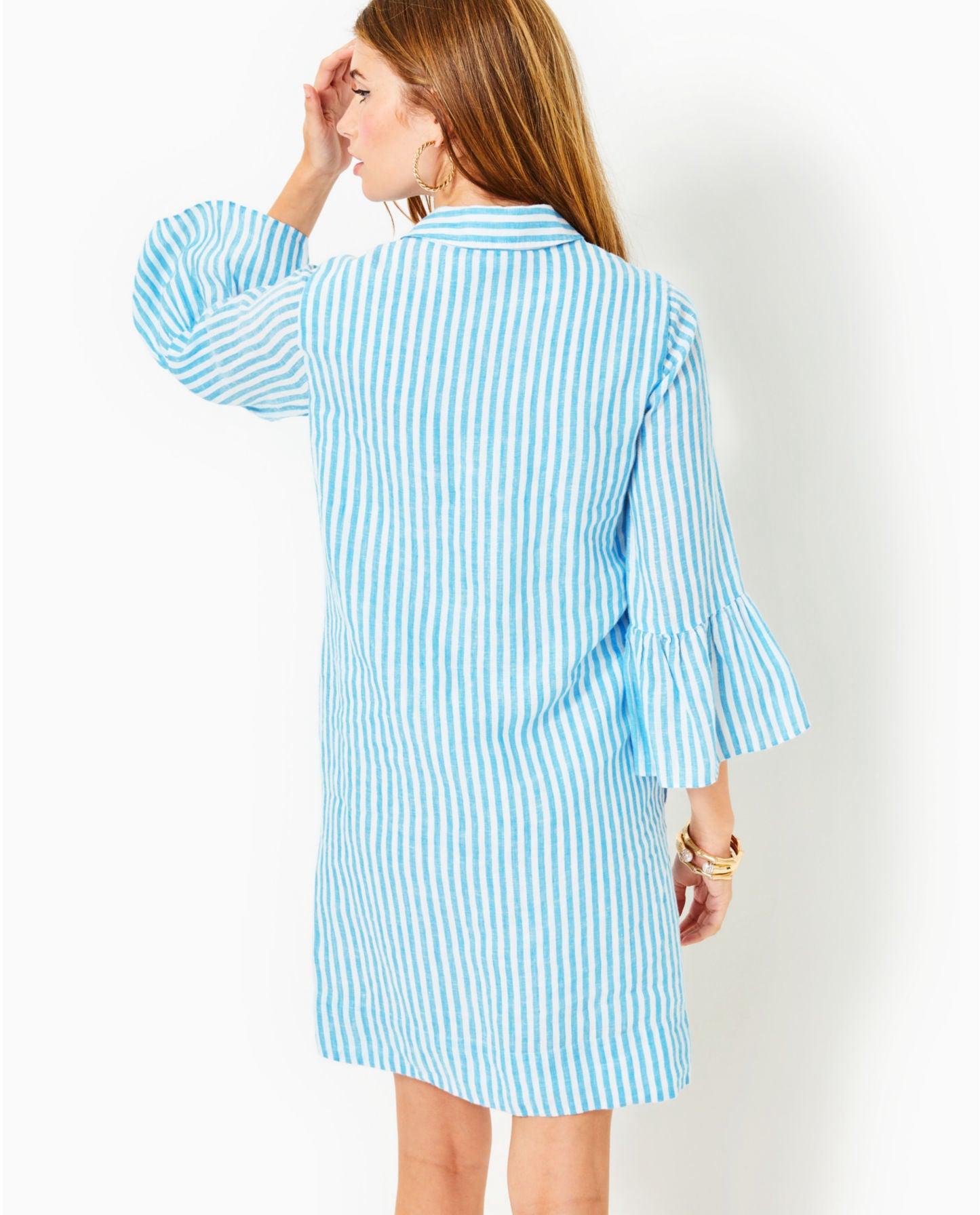 blue linen tunic dress Modern Linen Tunic Dress HAZEL With Split Neck in Steel Blue Color. V Neck Linen Dress Oversize Women Apparel