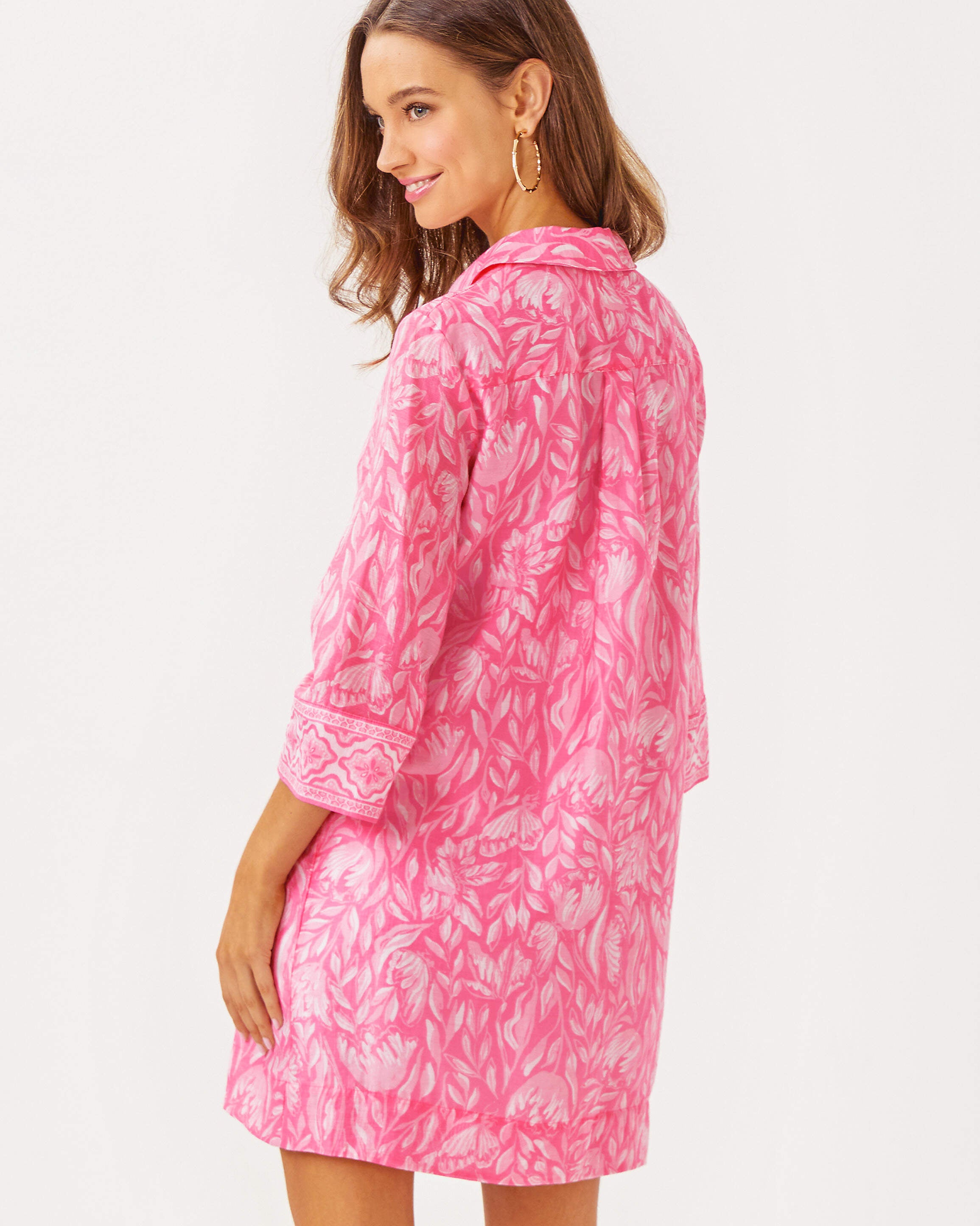 pink tunic dress Noor Long Fuchsia with Gold Embellishment A button Pink Seersucker with Navy Lobsters