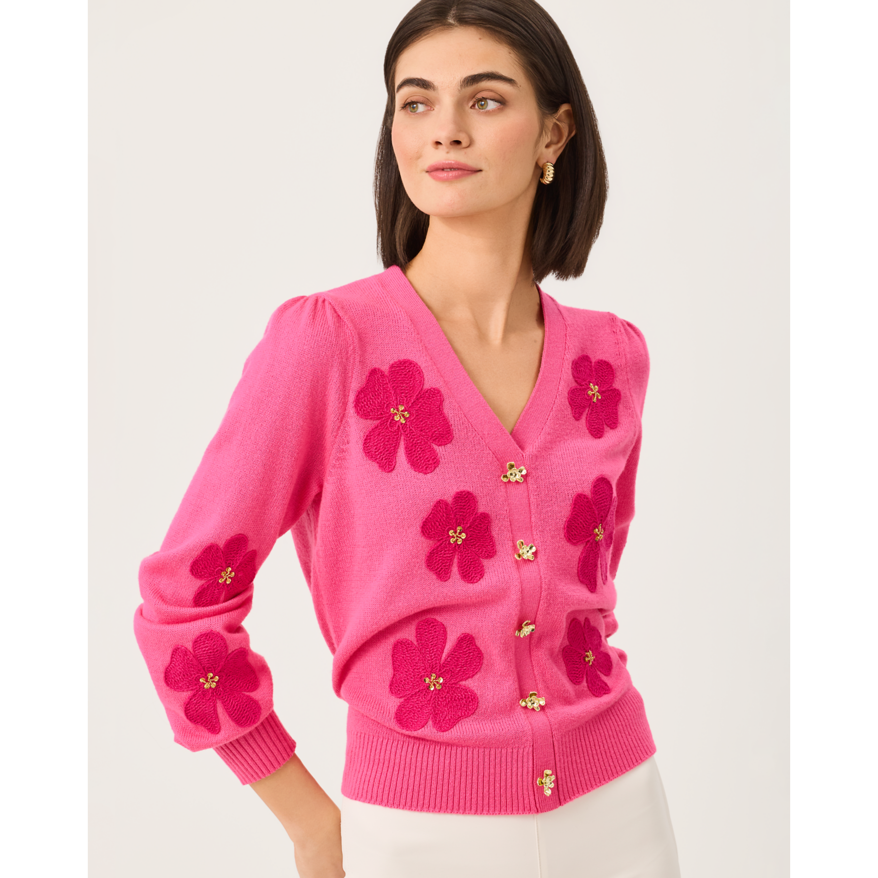 Millard Sweater - Pink Aster Big Lillys Flower Embroidery