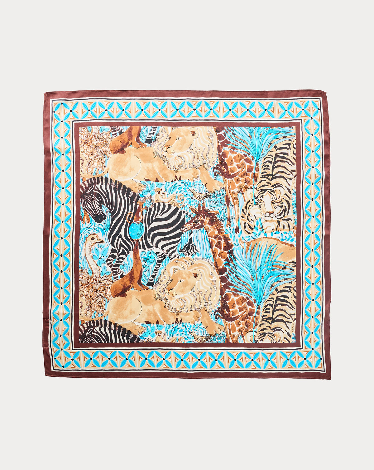 Lilly Pulitzer Lily Scarf in Breezy Aqua Lilly's Zoo Club, square silk scarf laid flat