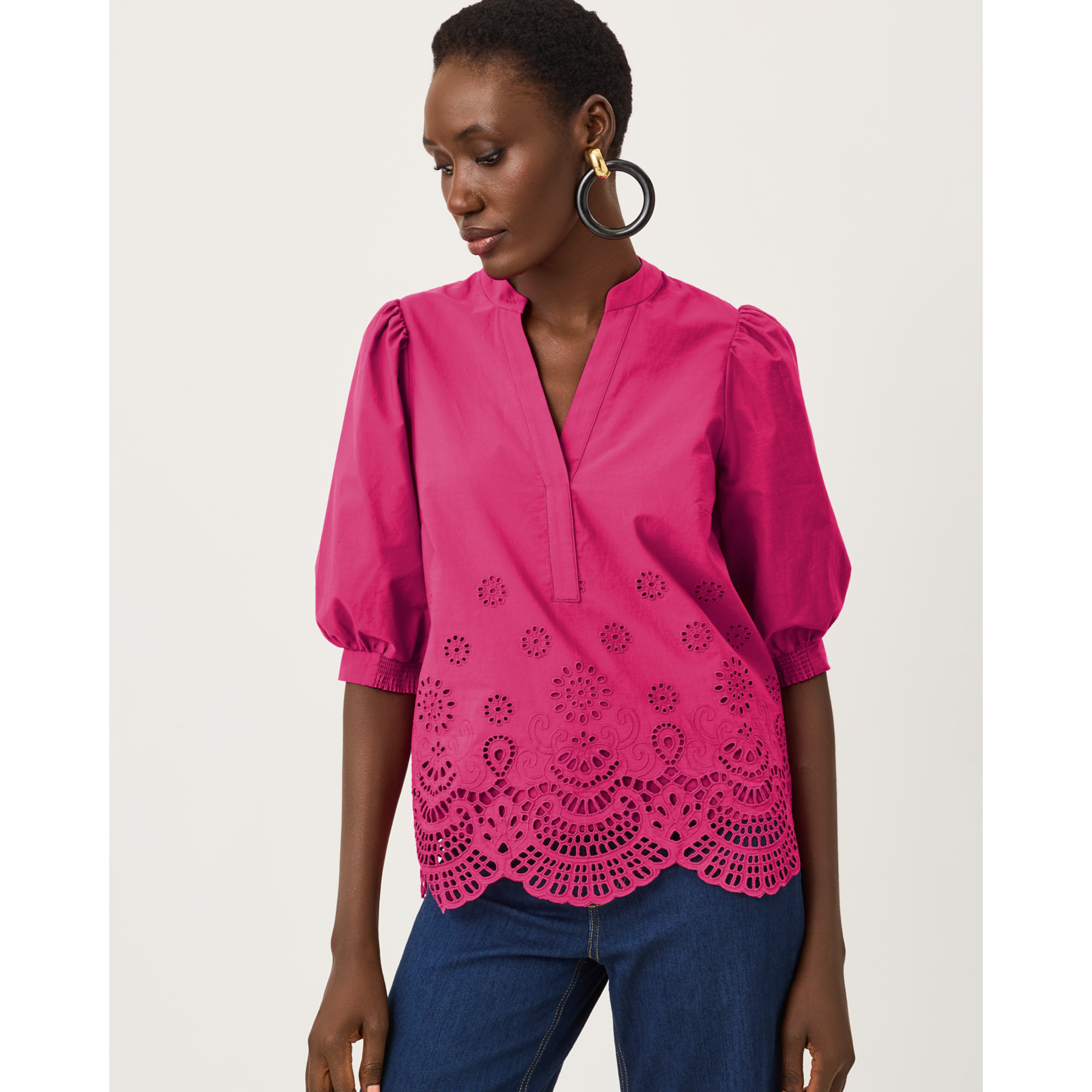 Mialeigh Top - Berry Bouquet Scalloped Eyelet Border Poplin