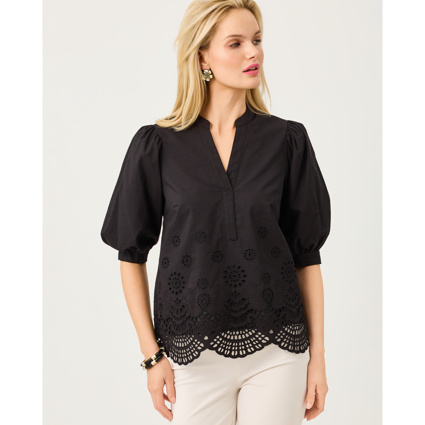 Mialeigh Top - Noir Scalloped Eyelet Border Poplin