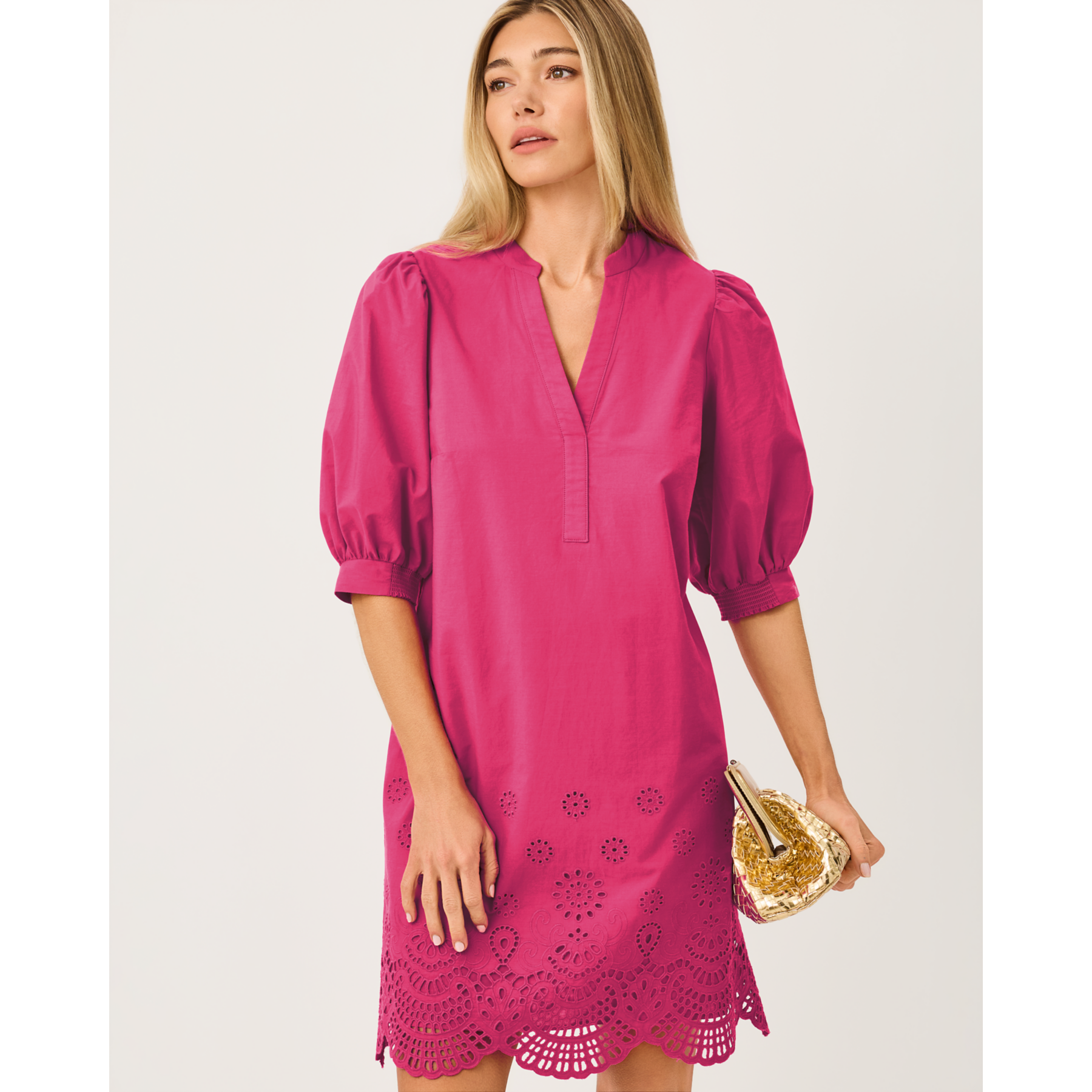Mialeigh Elbow Sleeve Dre - Berry Bouquet Scalloped Eyelet Border Poplin