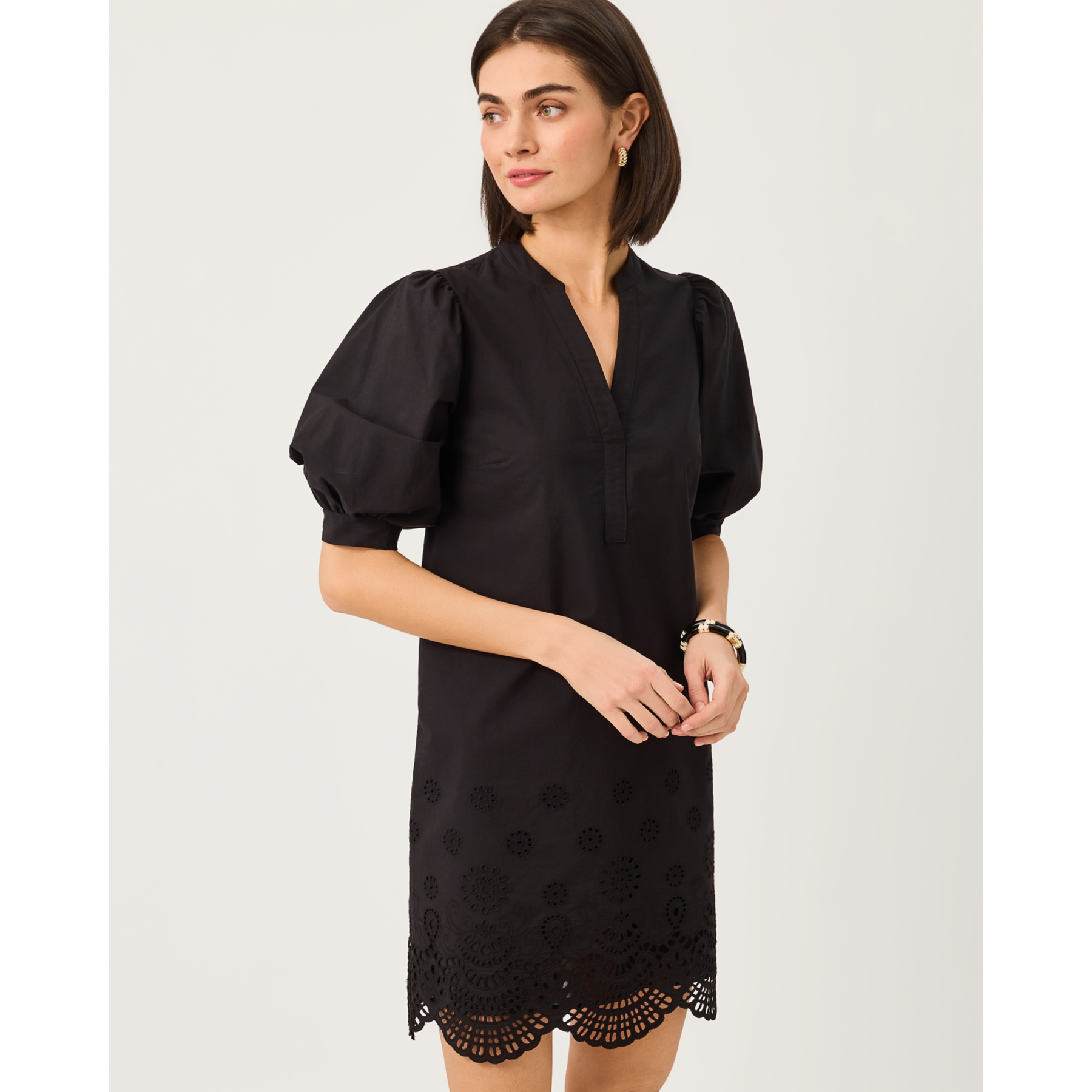 Mialeigh Elbow Sleeve Dre - Noir Scalloped Eyelet Border Poplin