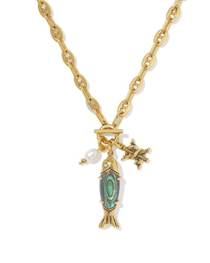 Parker Fish Long Charm Necklace - VINTAGE GOLD ABALONE SHELL
